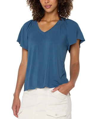 Liverpool Los Angeles Petite Flutter-Sleeve V-Neck Top