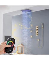 Boyel Living Brushed Gold 4-Way Shower System with Led and Music Player Faucet Set Handheld Side Body Jets