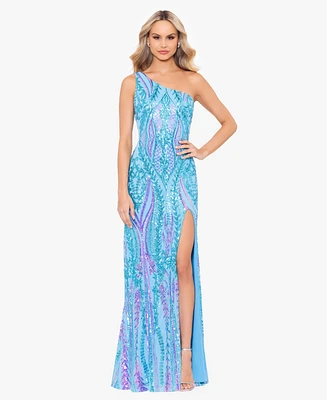 Blondie Nites Juniors' Sequin One-Shoulder Side-Slit Gown