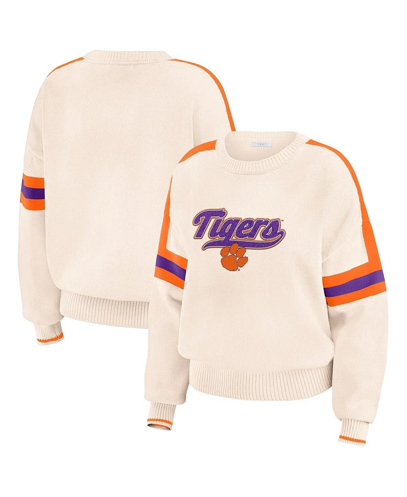 Wear by Erin Andrews Women's Cream Clemson Tigers Chenille Woven Patch Stripe Pullover Sweater