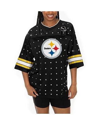 Gameday Couture Women's Black Pittsburgh Steelers Kickoff Time Allover Rhinestone Sports Stripe Jersey V-Neck T-Shirt