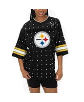 Gameday Couture Women's Black Pittsburgh Steelers Kickoff Time Allover Rhinestone Sports Stripe Jersey V-Neck T-Shirt