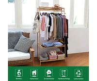 Unho Bamboo Clothes Rail Stand: Garments Storage Rack Shoes Shelf for Bedroom Living Room