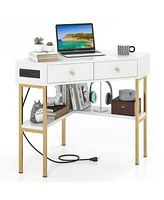Gouun Triangle Corner Desk with Charging Station with 2 Drawers and Storage Shelf