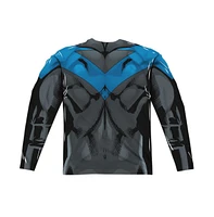 Batman Men's Nightwing Blue Uniform (Front/Back Print) Long Sleeve Adult Poly Crew Tee / T-Shirt