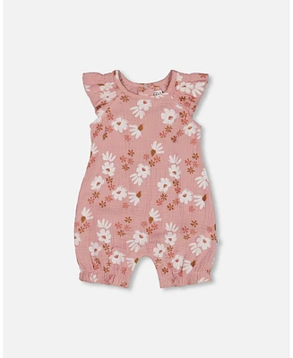 Deux par Baby Girls Printed Muslin Romper Pink And White Flowers