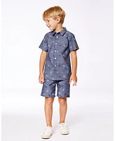 Deux par Toddler Boys Printed Chambray Short Sleeve Shirt Gray, White And Tan - Toddler|Child