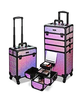 Byootique Rolling Makeup Train Case 3-Piece Cosmetic Organizer Kit Trolley Organizer Travel Case Lockable Salon Barber Case Traveling Cart Trunk with