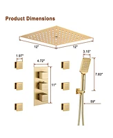 Boyel Living 4 Function Led Luxury Shower System with Side Body Jets Thermostatic Faucet Handheld Head, Brushed Gold