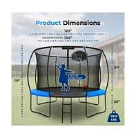 SereneLife 10ft Pumpkin Trampoline with Inner Enclosure, Ladder, and Basketball Hoop for Kids (Blue)