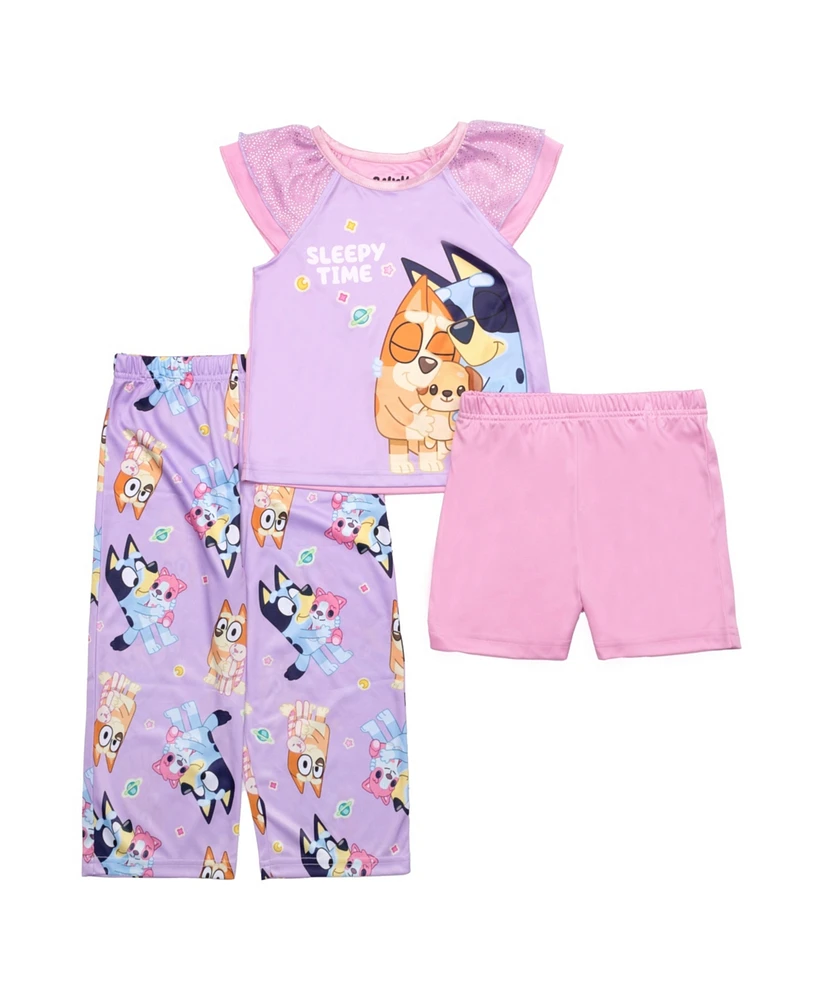 Bluey Toddler Girls Short Frill Sleeve Tank, Shorts and Open Leg Pants, 3-Piece Pajama Set