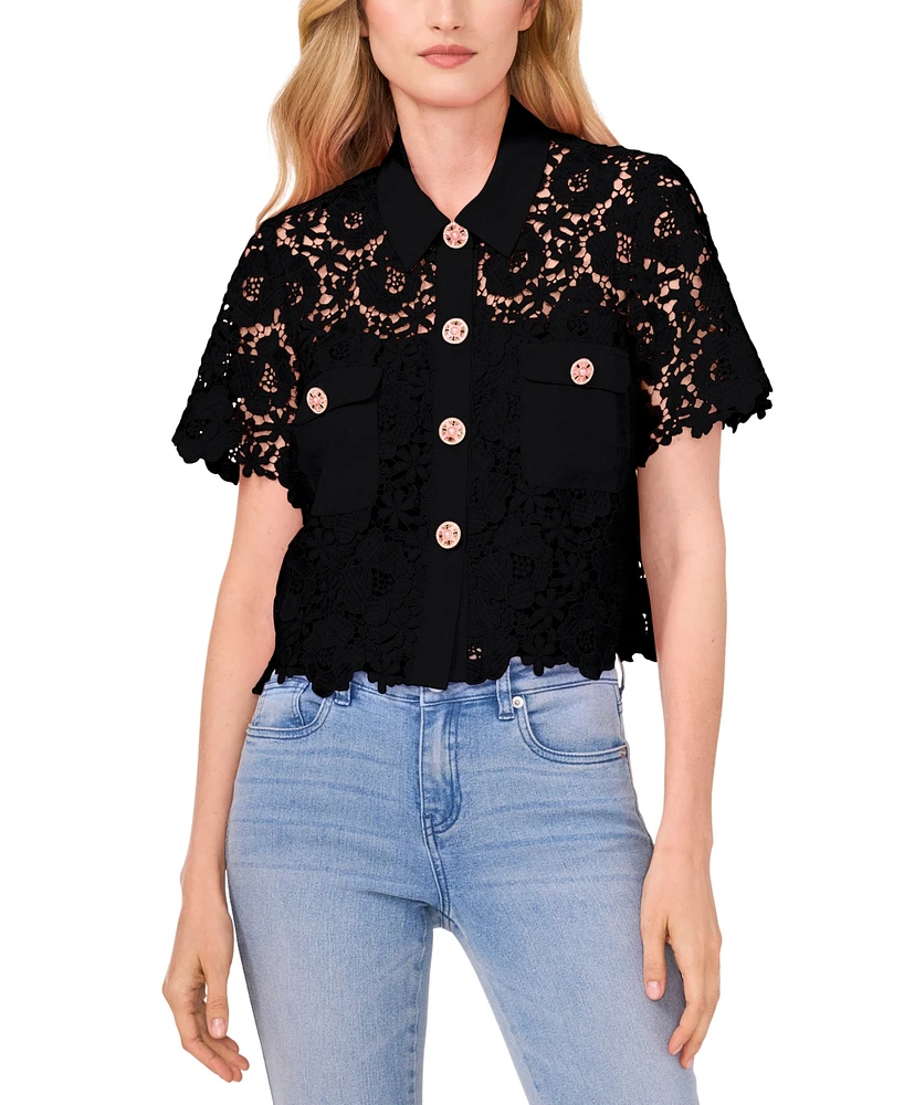 CeCe Women's Lace Short-Sleeve Button-Up Blouse