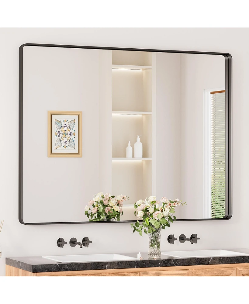 Keonjinn 48x40 Inch Brushed Gold Bathroom Vanity Mirror Tempered Glass Metal Framed