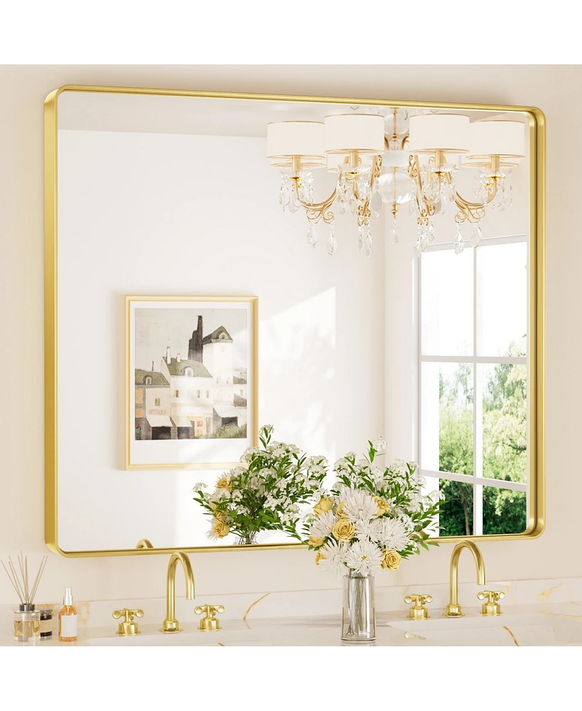 Keonjinn 48x40 Inch Brushed Gold Bathroom Vanity Mirror Tempered Glass Metal Framed
