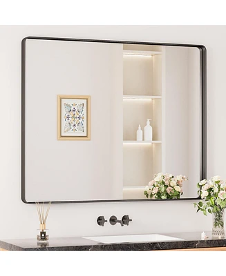 Keonjinn 42x36 Inch Brushed Gold Bathroom Vanity Mirror Tempered Glass Metal Framed