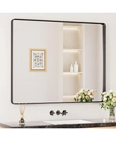 Keonjinn 42x36 Inch Brushed Gold Bathroom Vanity Mirror Tempered Glass Metal Framed