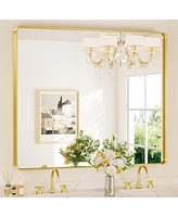 Keonjinn 42x36 Inch Brushed Gold Bathroom Vanity Mirror Tempered Glass Metal Framed