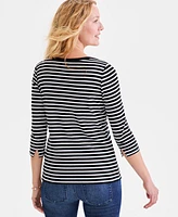 Style & Co Petite Cotton Striped Boat-Neck 3/4-Sleeve Top, Exclusively at Macy's