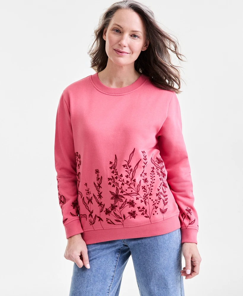 Style & Co Women's Embroidered Crewneck Fleece Sweatshirt, Exclusively at Macy's