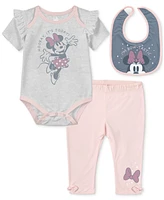 Disney Baby Minnie Mouse Bib, Short-Sleeve Bodysuit & Pants, 3-Piece Set