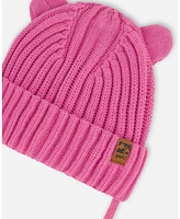 Deux par Deux Baby Girls Knit Hat With Strings Vibrant Pink