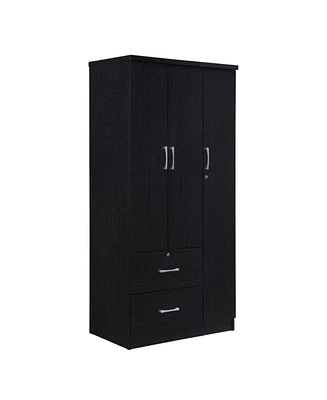 Hodedah Import 3 Door Armoire with Clothing Rod, Shelves, and 2 Drawers, Black