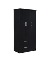 Hodedah Import 3 Door Armoire with Clothing Rod, Shelves, and 2 Drawers, Black