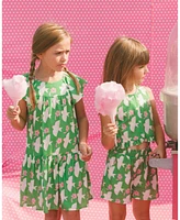 Deux par Big Girls Printed Dress With Flounce Sleeves Green White And Pink Bird