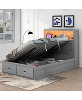 Boyel Living Wood Full Hydraulic Platform Bed with Storage Led Headboard, Charging Station and 2 Drawers