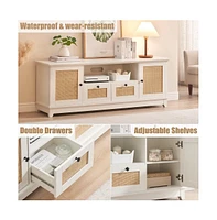 gaomon Rattan Tv Stand for 65 Inch Tv, White Entertainment Center Modern Tv Console Table