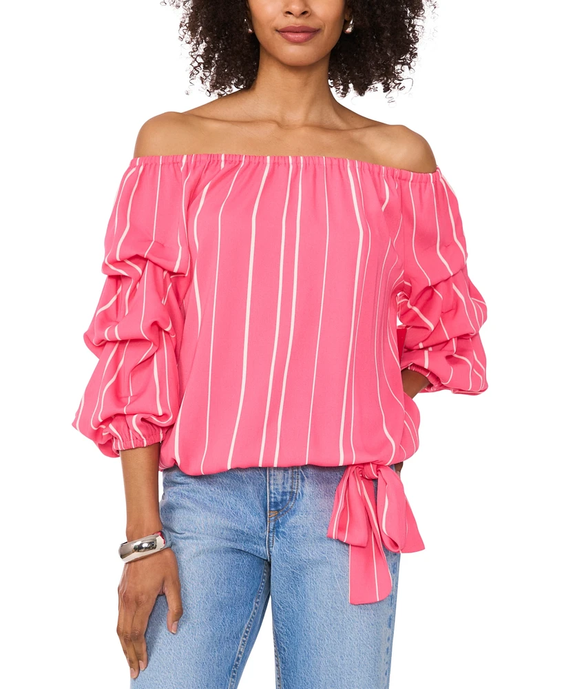 Vince Camuto Women's Striped Off-The-Shoulder Bubble 3/4-Sleeve Tie-Front Blouse