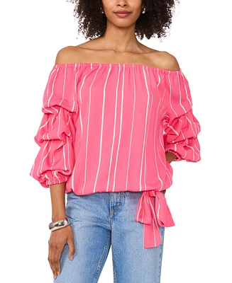 Vince Camuto Women's Striped Off The Shoulder Bubble Sleeve Tie Front Blouse