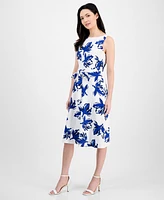 Anne Klein Women's Floral-Print Tie-Waist Sleeveless Dress