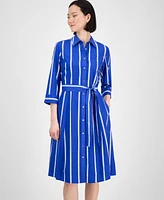 Anne Klein Women's Striped 3/4-Sleeve Midi Shirtdress