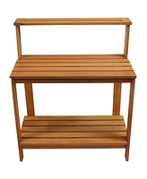 Sunnydaze Decor 42-Inch Meranti Wood Outdoor Potting Bench with Storage Shelf - Teak Oil Finish