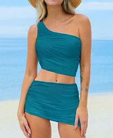 Cupshe Women's One Shoulder Ruched Mesh Mid Rise Skirt Bottom Bikini Sets