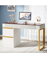 Tribesigns Vanity Desk with Glass Top, 4 Drawers Makeup Vanity Table, Modern Makeup Dresser Desk, White Gold Vanities with Visual Drawer for Bedroom