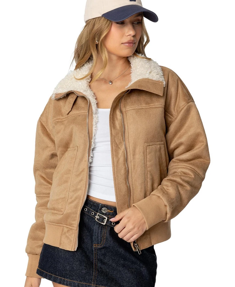 Edikted Womens Faux Suede Shearling Bomber Jacket