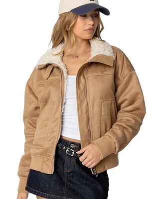 Edikted Womens Faux Suede Shearling Bomber Jacket