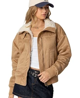 Edikted Womens Faux Suede Shearling Bomber Jacket