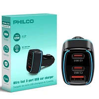 Philco Car Charger PD45W, 2 Usb-c + 1 Usb-a Fast Charging Adapter, Compact 12V/24V Vehicle Charger