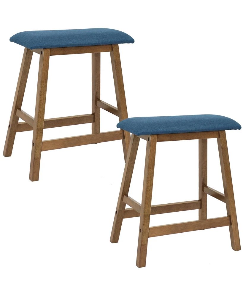 Sunnydaze Decor Rubberwood Backless Counter-Height Stools - Weathered Oak Finish with Blue Cushions - Set of 2