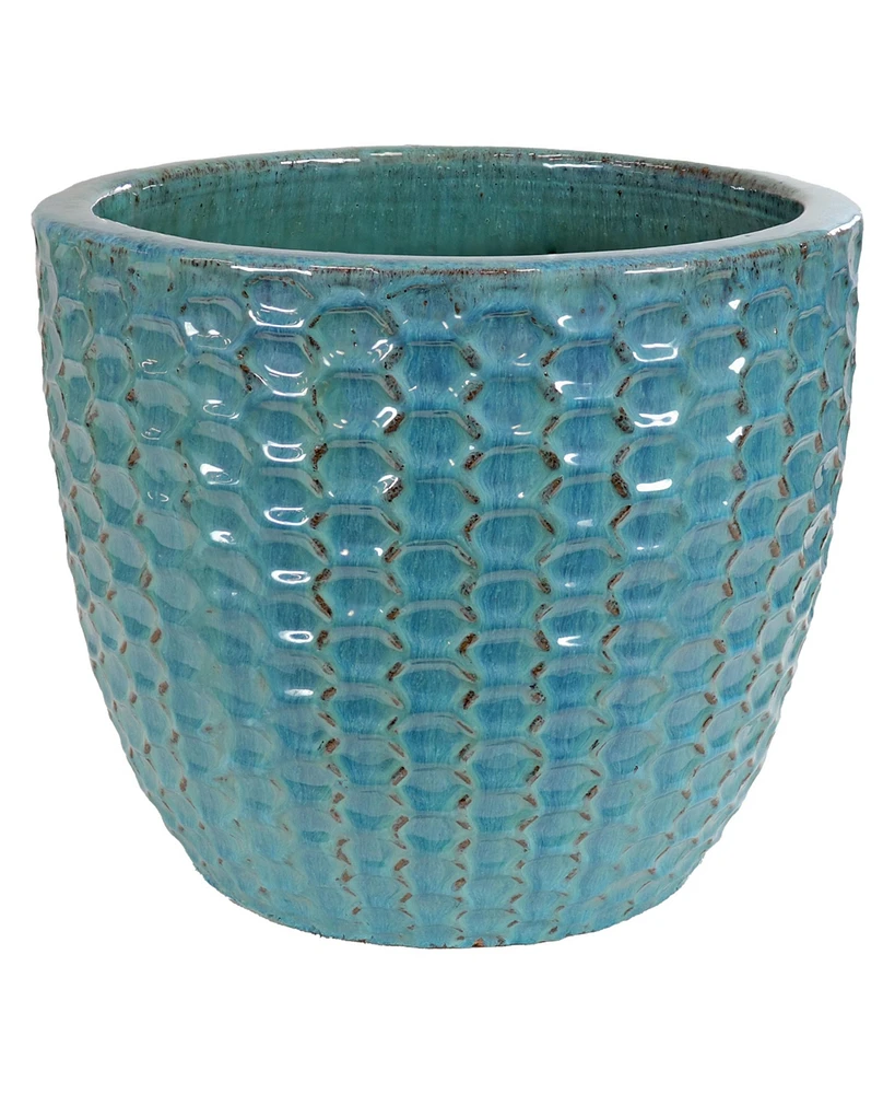 Sunnydaze Decor 14" Raised Hexagon Pattern Glazed Ceramic Plant Pot - Features 1 Drainage Hole - 1.75 Gal Soil Capacity - Turquoise