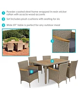 Foxford 7-Piece Rattan and Acacia Outdoor Dining Set - 1 Table and 6 Chairs with 6 Thick Seat Cushions