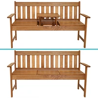 Meranti Wood Outdoor Patio Bench with Built-In Pop-Up Table - Teak Oil Finish - 60-Inch