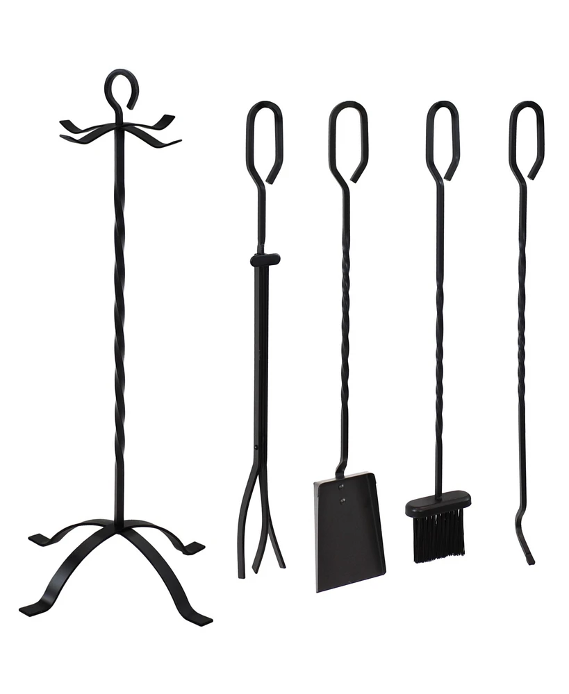 Sunnydaze Decor 4-Piece Fireplace Tool Set with Stand - Heavy-Duty Black Steel Poker, Shovel, Log Grabber and Broom