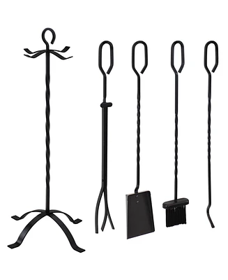 Sunnydaze Decor 4-Piece Fireplace Tool Set with Stand - Heavy-Duty Black Steel Poker, Shovel, Log Grabber and Broom
