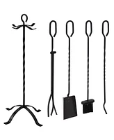 Sunnydaze Decor 4-Piece Fireplace Tool Set with Stand - Heavy-Duty Black Steel Poker, Shovel, Log Grabber and Broom