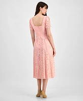 Anne Klein Petite Lace Square-Neck Puff-Sleeve Smocked-Back Dress