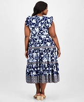 Anne Klein Plus Mixed-Print Tiered Maxi Dress